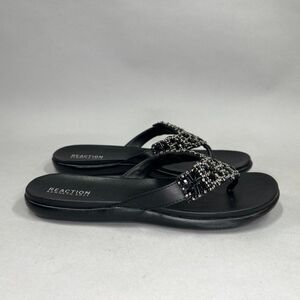 Kenneth Cole Glam-Athon Sandals Women's Size 9.5 Black Leather Beaded Flip Flops